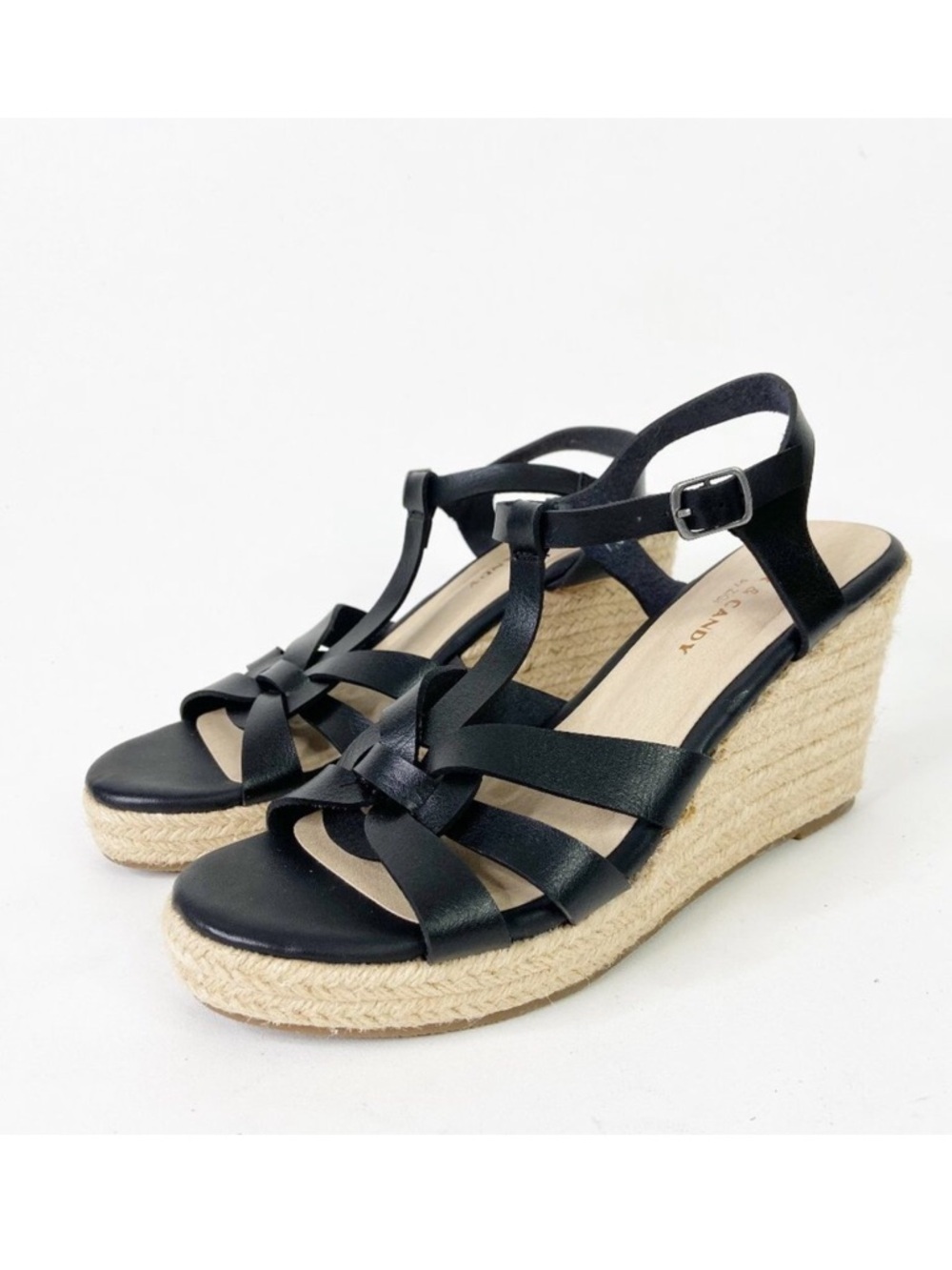 ROCK & CANDY Fola Espadrille Jute Wrapped Wedge Sandals 8.5 Black faux leather